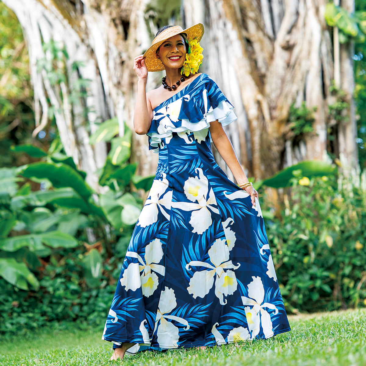 SG-38】プレミアムストレッチドレス（ビューティーカトレア / ネイビー