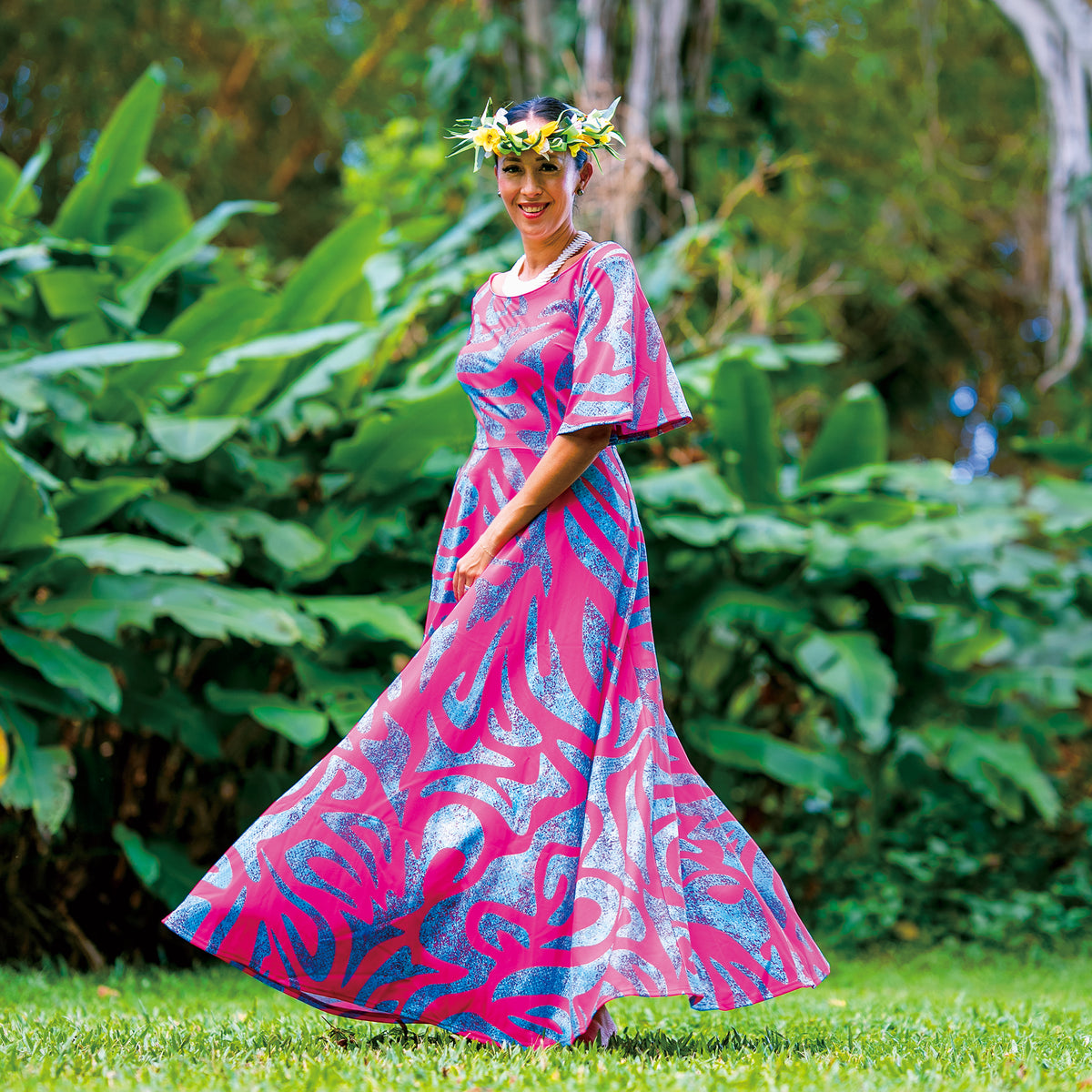 SH-41】プレミアムストレッチドレス（トライバル サモア / ブルー